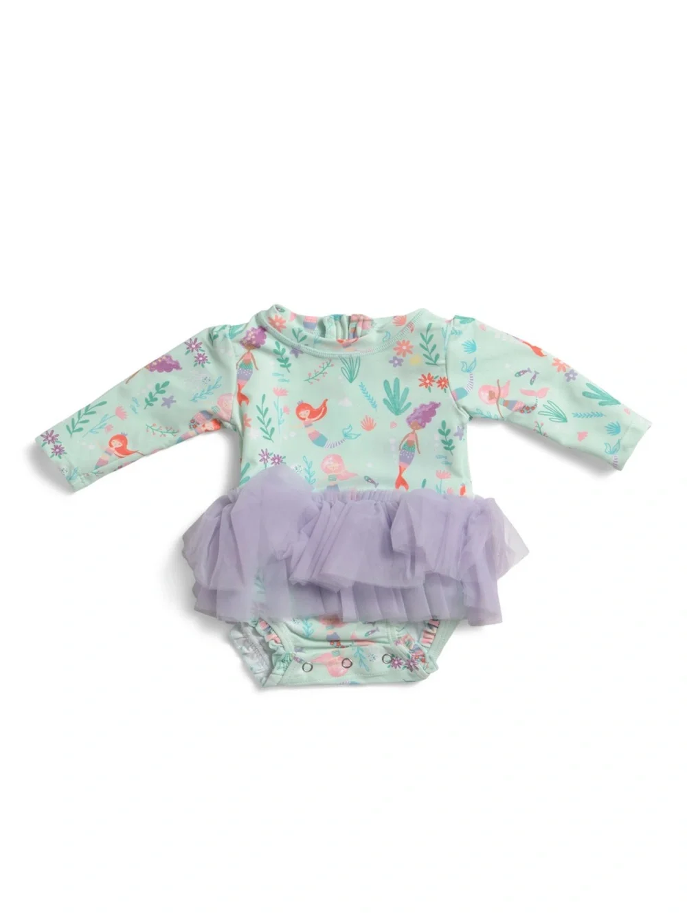 RuffleButts Mint Mermaid Long-Sleeve One-Piece with Purple Tulle Tutu